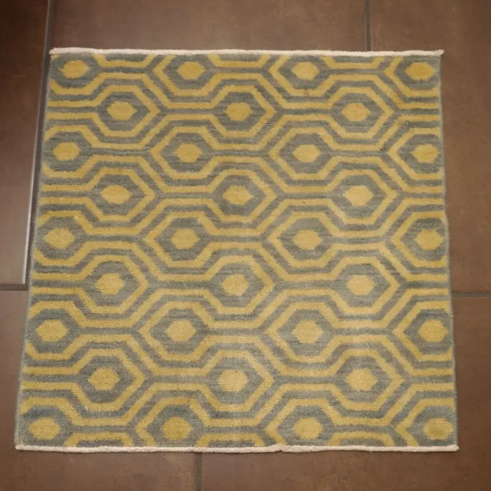 Small Square Wool Rug Designer Geometric Pattern Light Blue Off White Cream 2x2